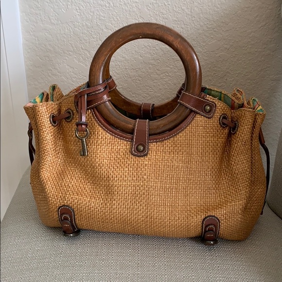 Fossil Handbags - Fossil woven tan & leather bag w/ wood handles